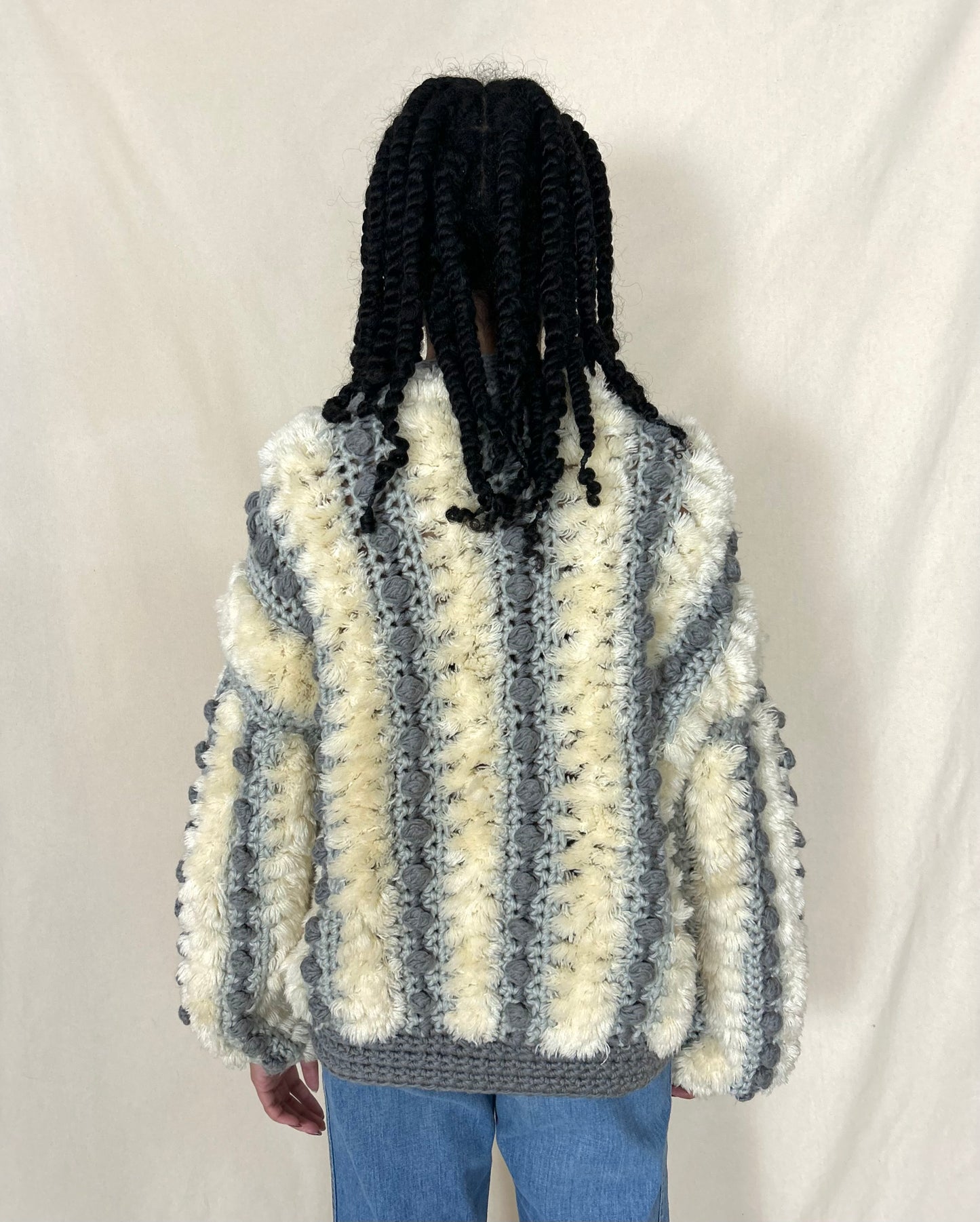 White and grey shaggy yarn coat