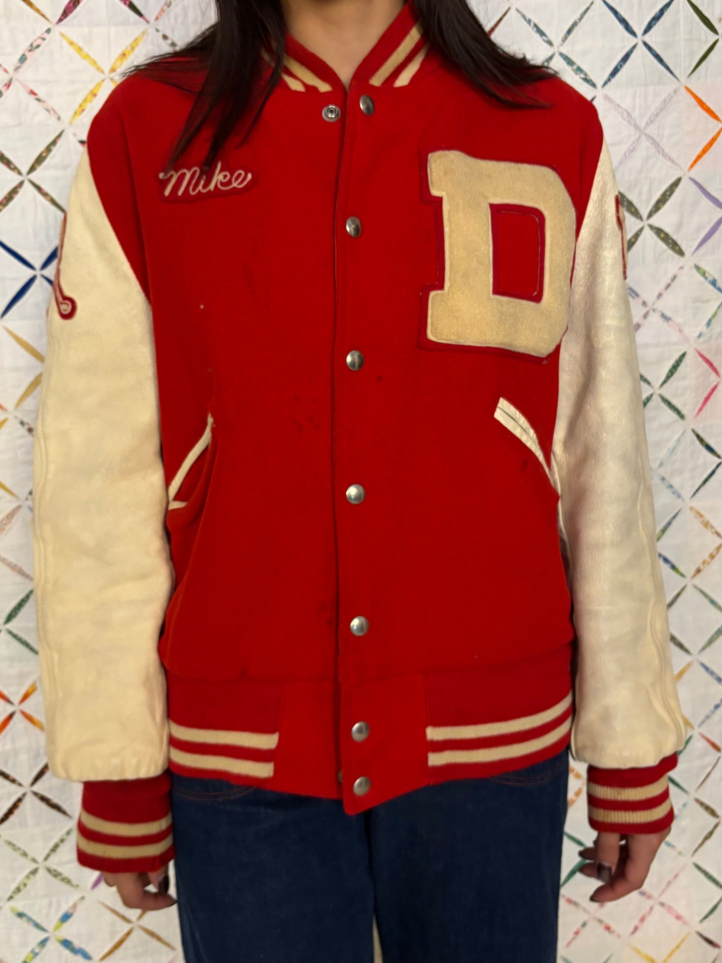 Red letterman jacket, wool & leather