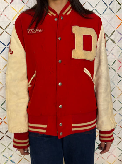 Red letterman jacket, wool & leather