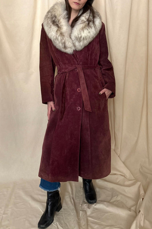 1970s Suede Plum Trench with Fox Fur Trim