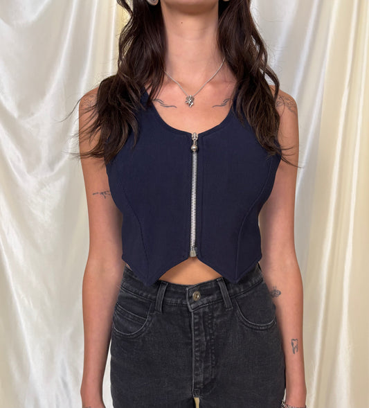 Navy blue zip front 90s top
