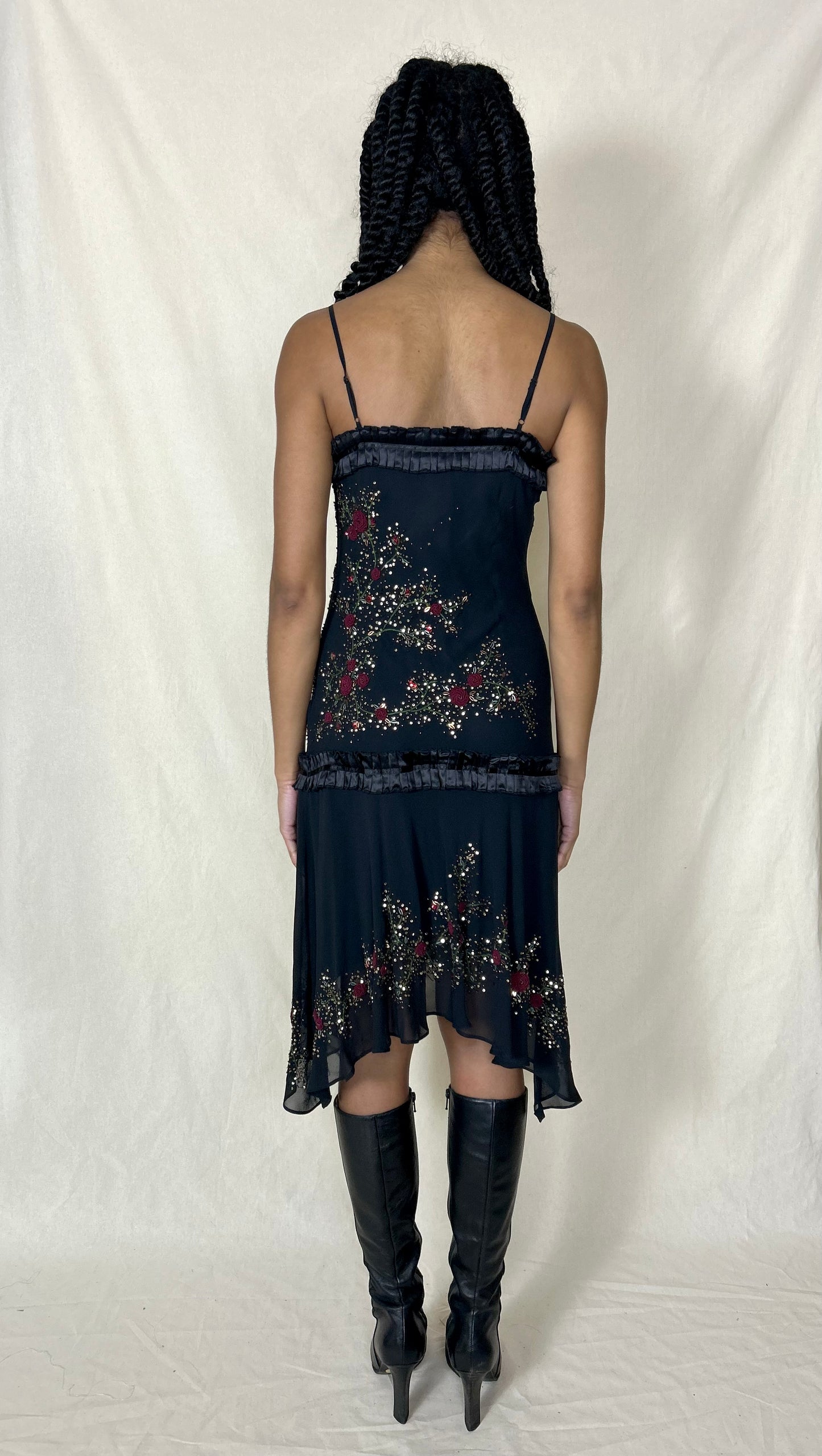 Y2K Sue Wong Nocturne silk party dress with beading & rose embroidery