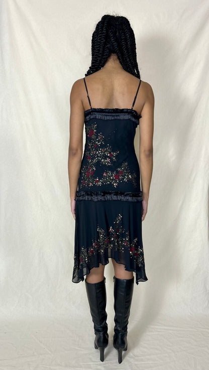 Y2K Sue Wong Nocturne silk party dress with beading & rose embroidery
