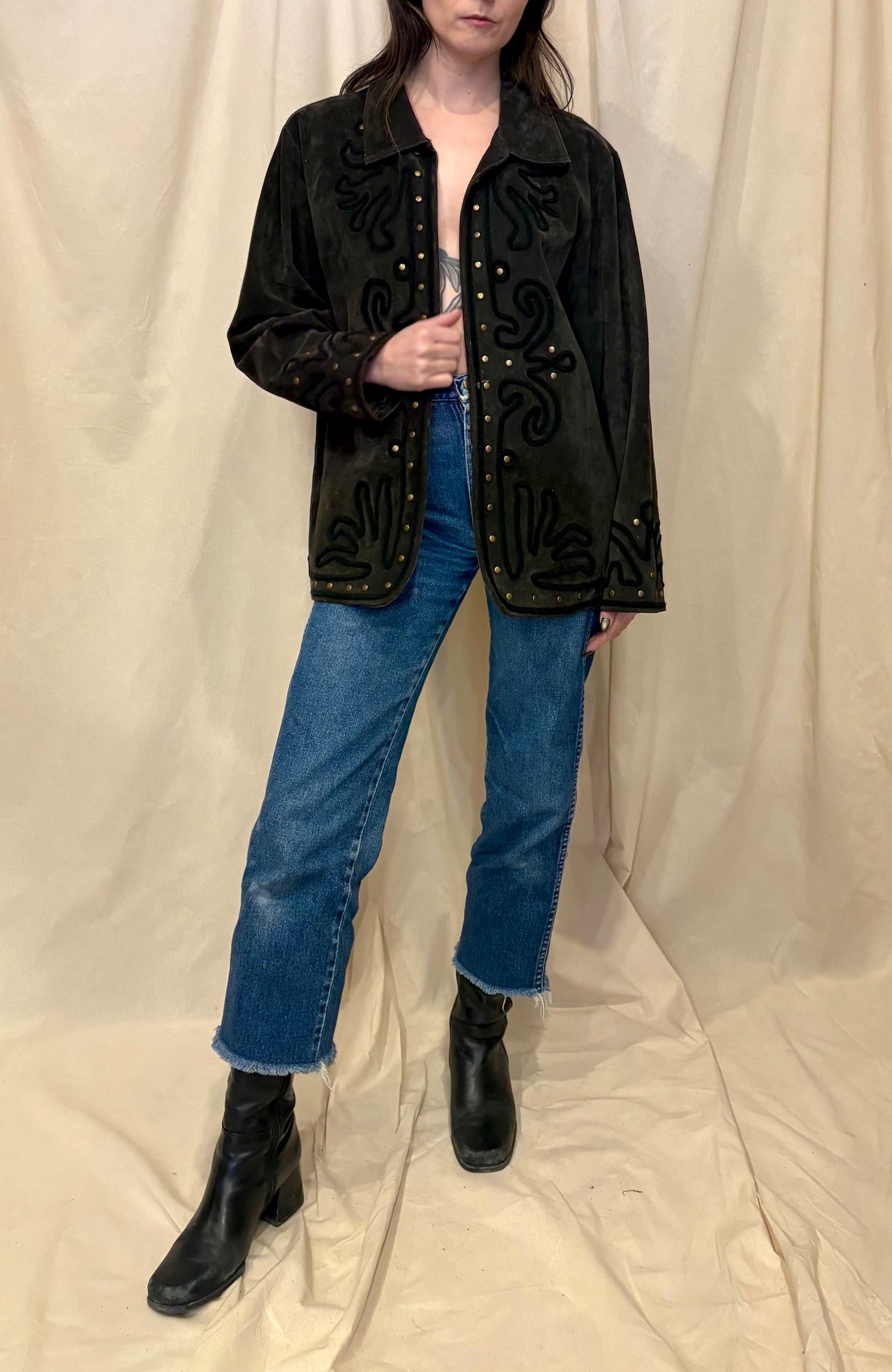 Dark Brown Suede Jacket with Braided Trim and Gold Studding