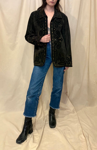 Dark Brown Suede Jacket with Braided Trim and Gold Studding