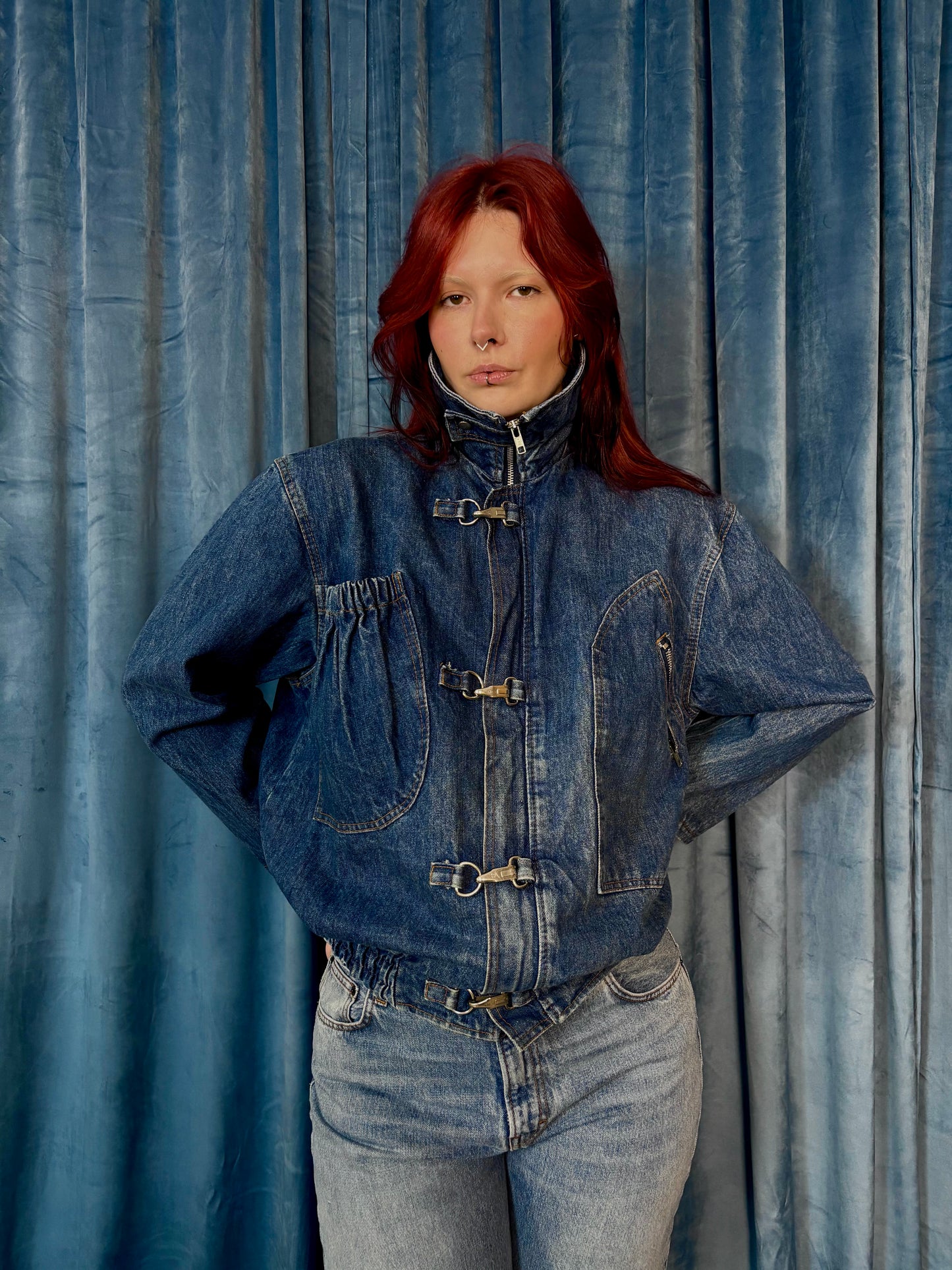 Funnel neck denim bomber