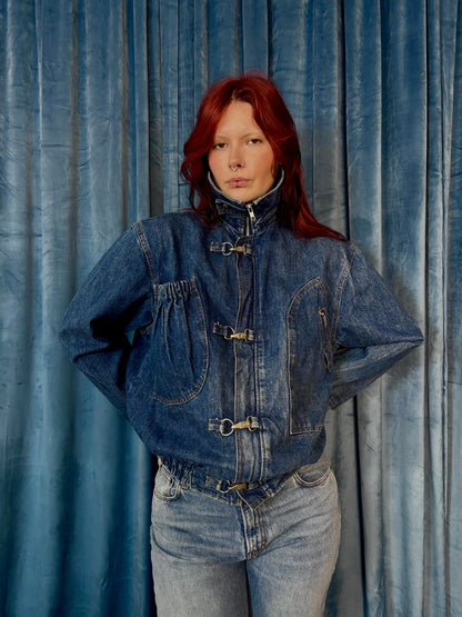 Funnel neck denim bomber