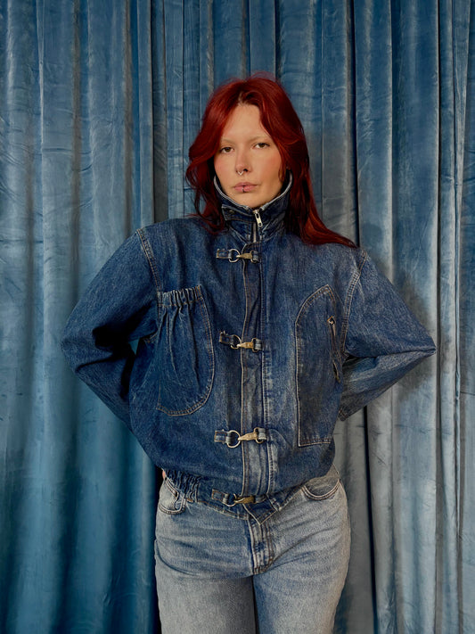 Funnel neck denim bomber