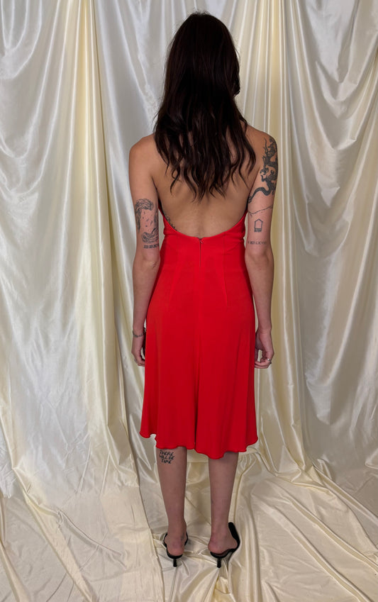 Y2K red ruffle halter dress