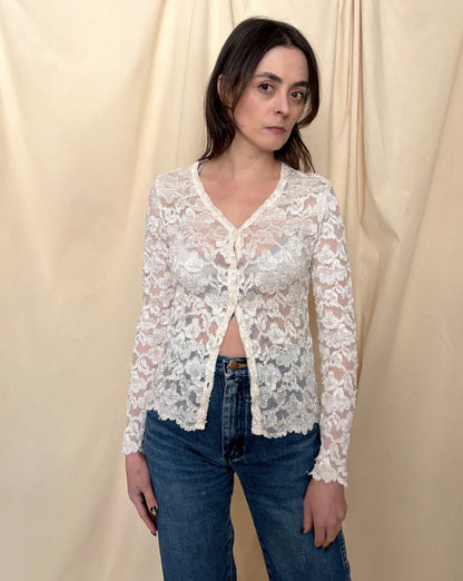 90s White Lace Button Up