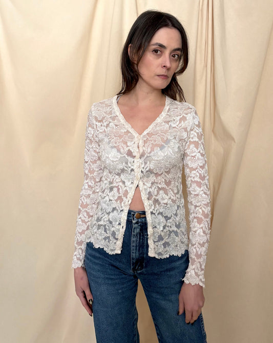 90s White Lace Button Up