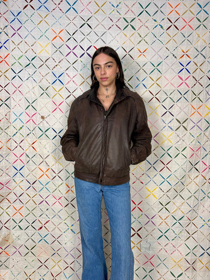 Brown leather bomber jacket