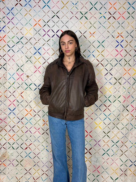 Brown leather bomber jacket