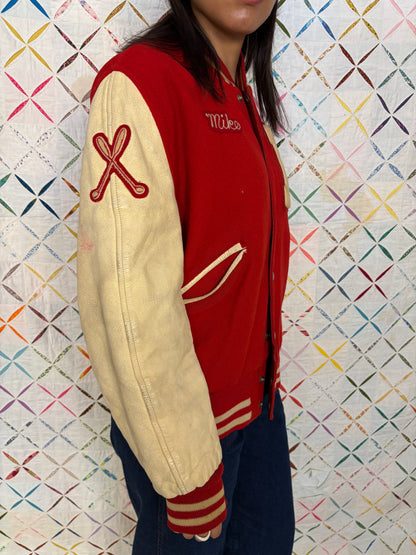 Red letterman jacket, wool & leather