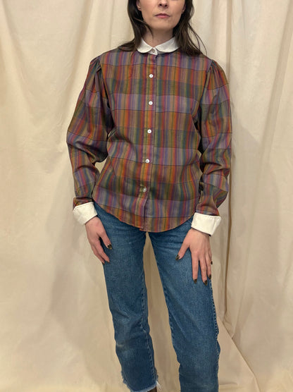1970s Plaid Blouse with Puff Sleeves