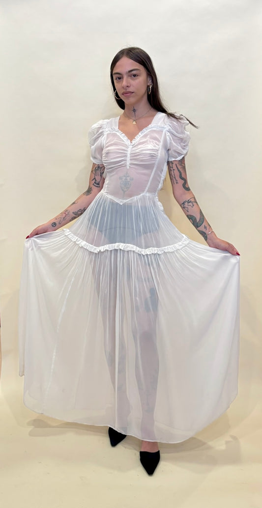 1930s white sheer button gown