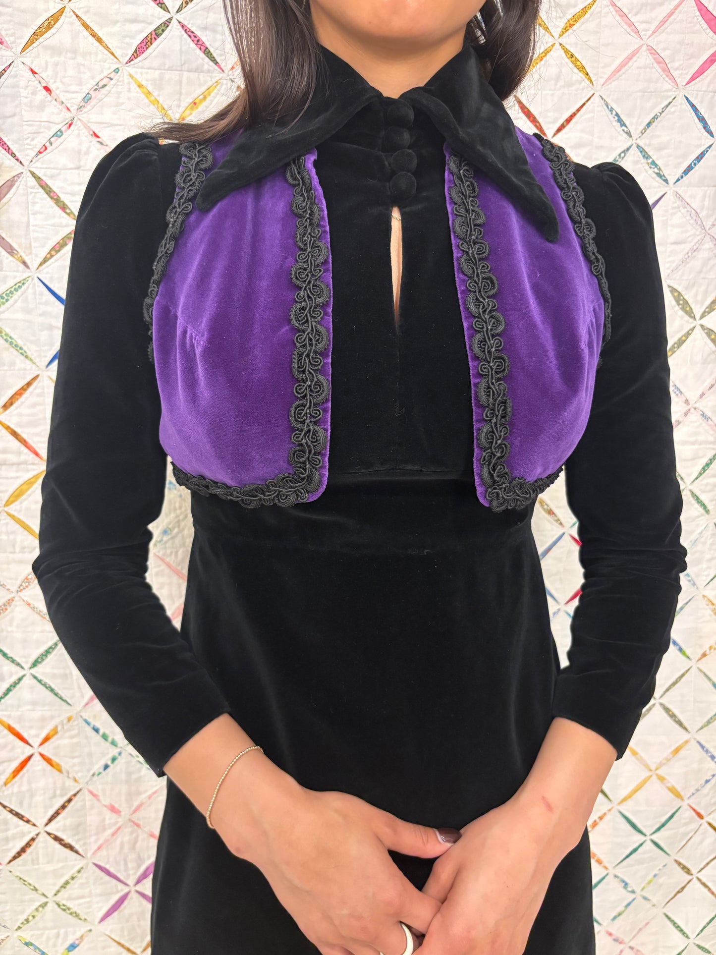 60s black velvet goth dress with purple vest