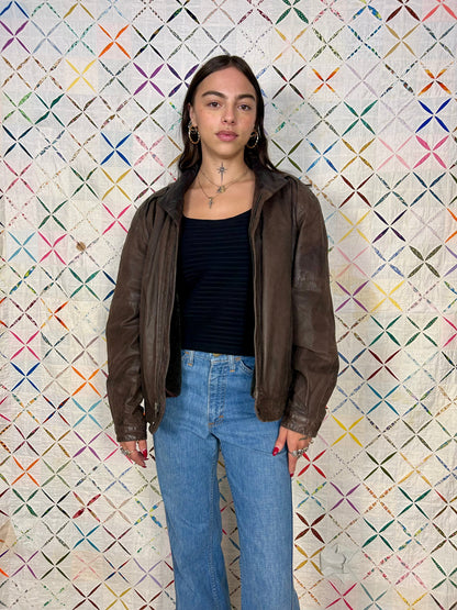 Brown leather bomber jacket