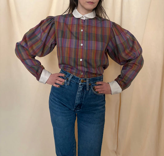 1970s Plaid Blouse with Puff Sleeves