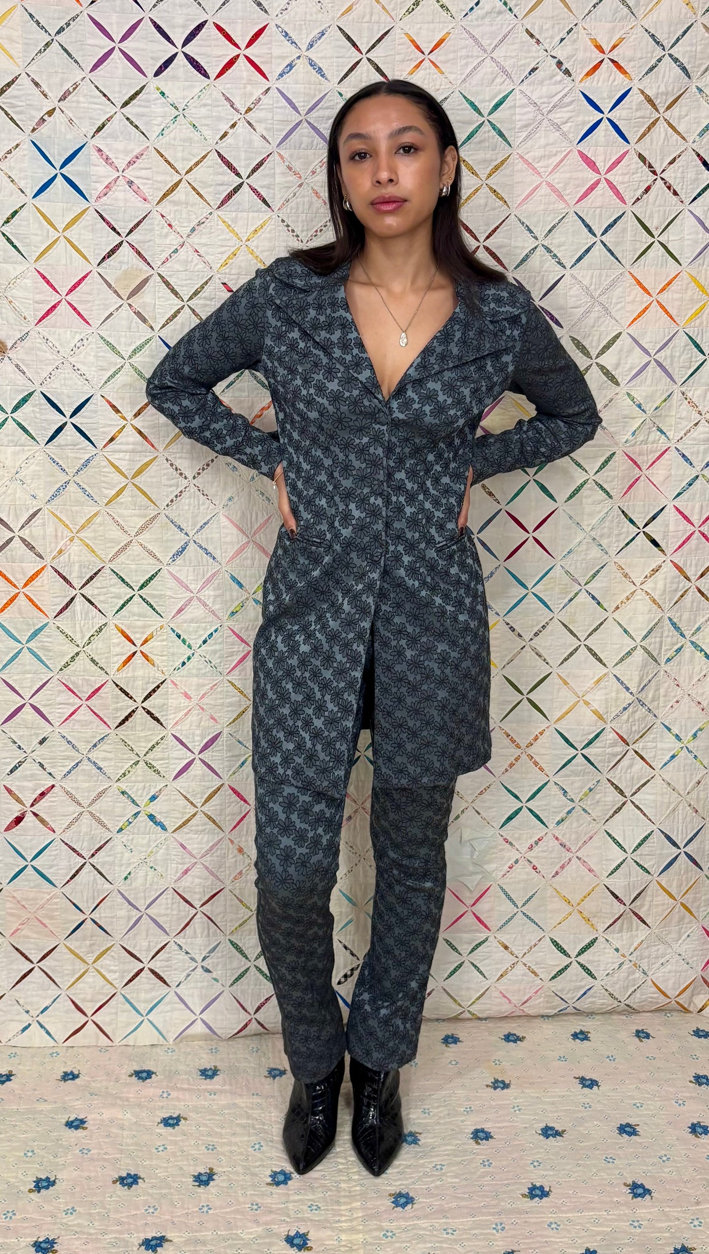 Silver floral 90s 2 piece suit