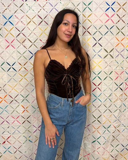 90s Brown Velvet Lace Up Top