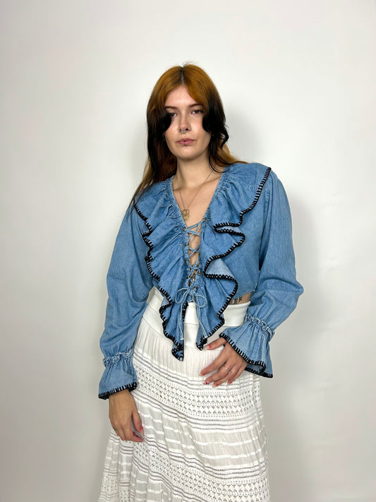 90s Romantic Denim Ruffle Top