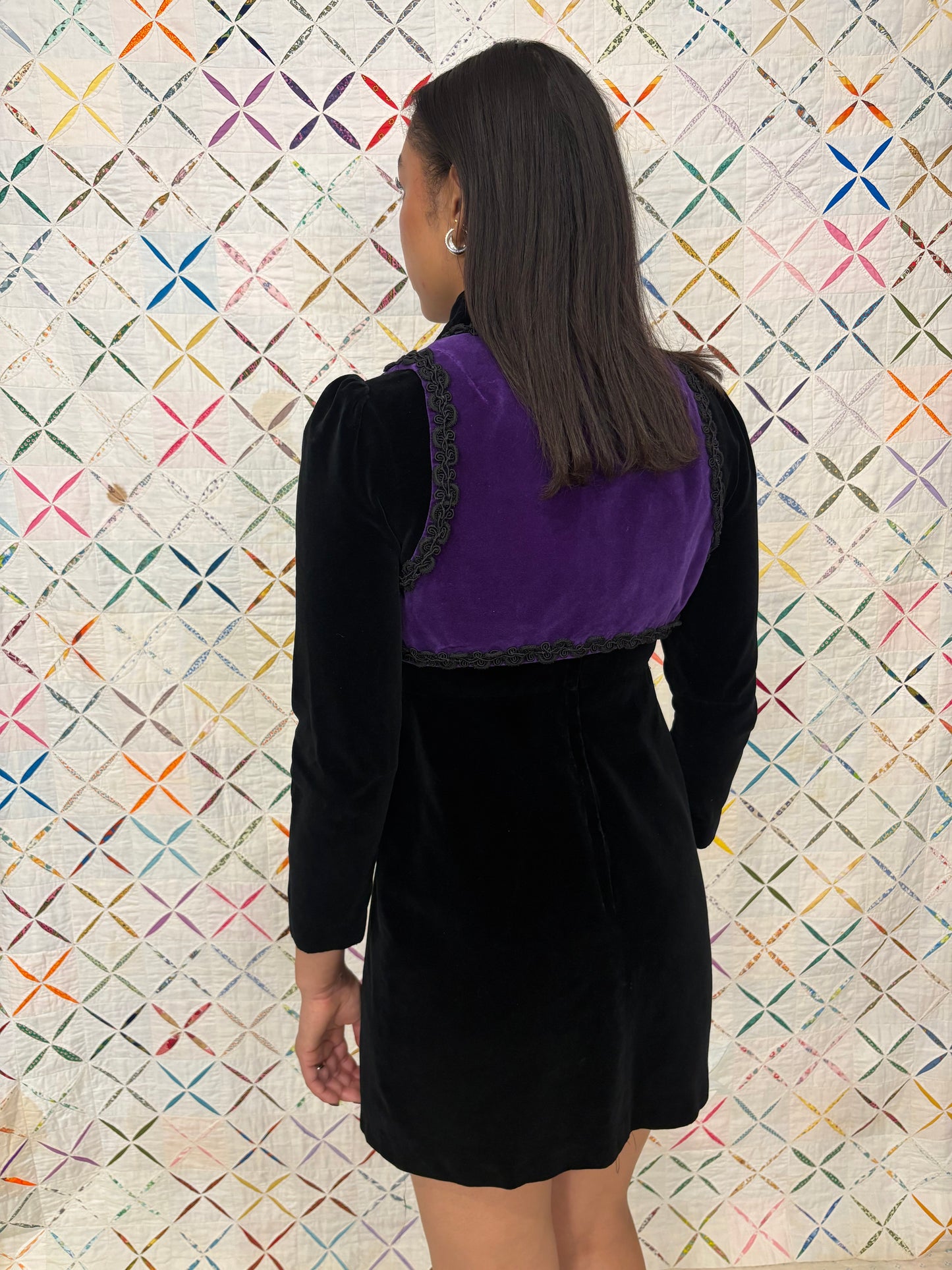 60s black velvet goth dress with purple vest