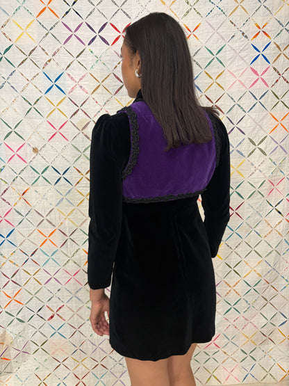 60s black velvet goth dress with purple vest