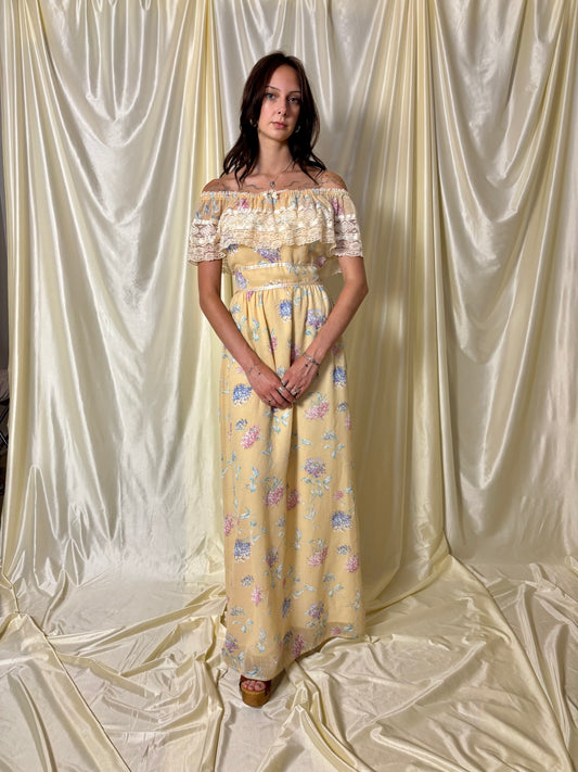 70s butter yellow prairie dress