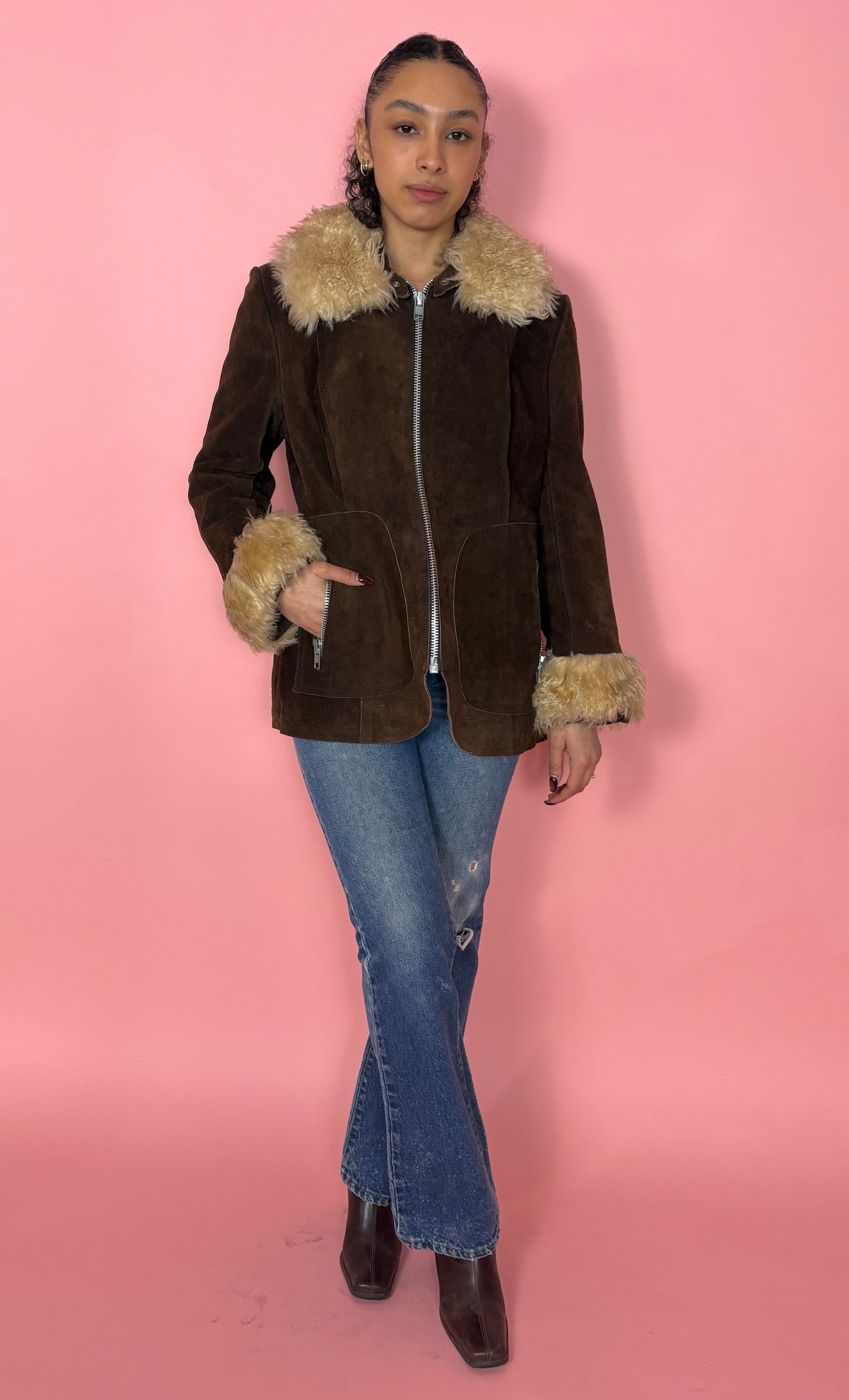 1970s Faux Fur Trimmed Suede Jacket
