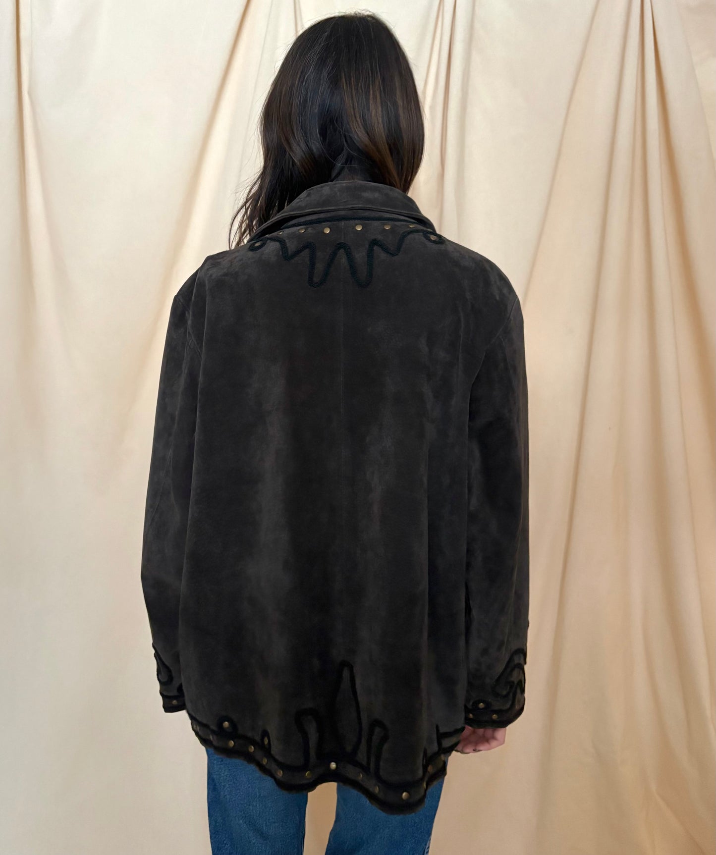 Dark Brown Suede Jacket with Braided Trim and Gold Studding