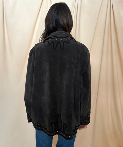 Dark Brown Suede Jacket with Braided Trim and Gold Studding