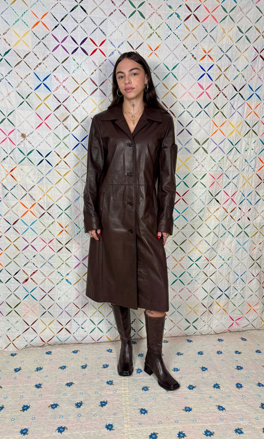 Chocolate brown leather trench coat