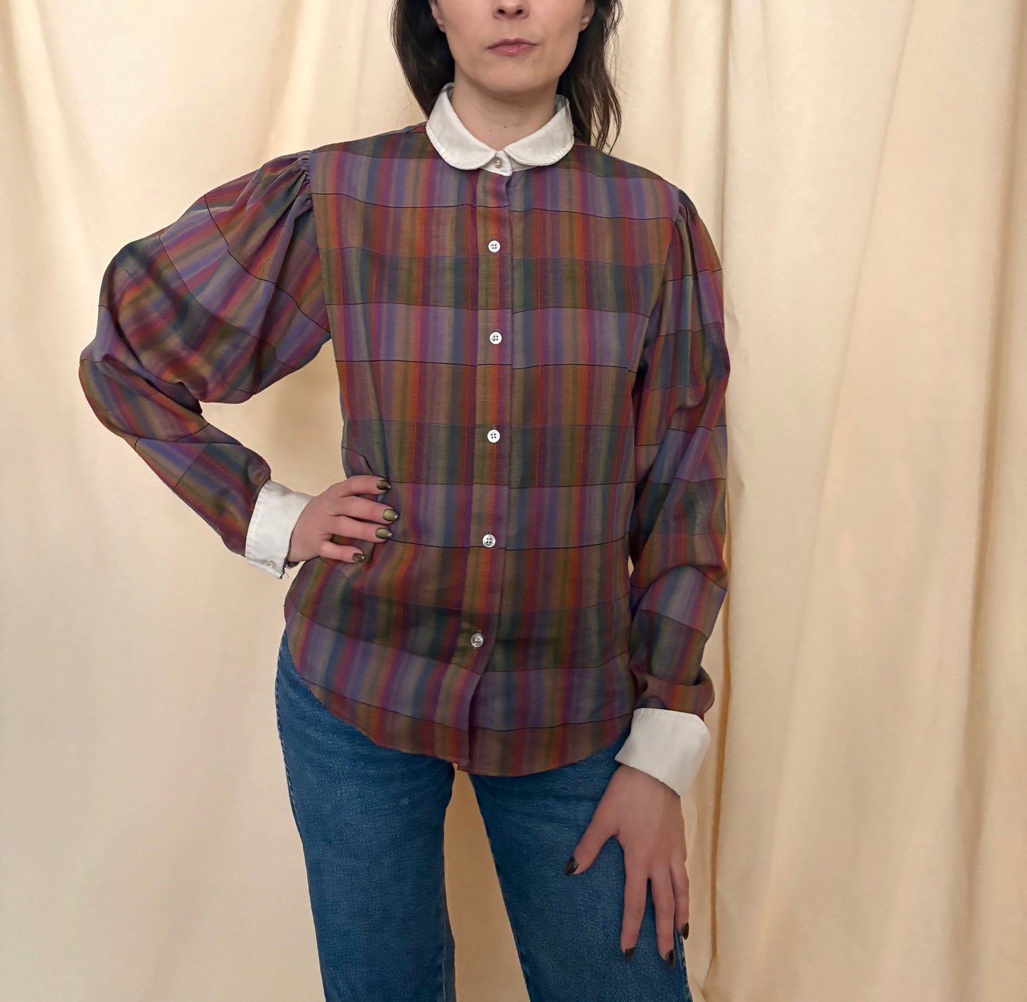 1970s Plaid Blouse with Puff Sleeves