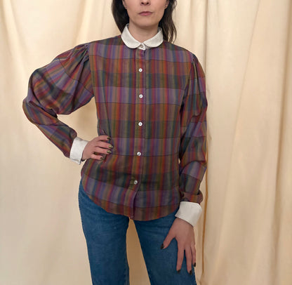 1970s Plaid Blouse with Puff Sleeves