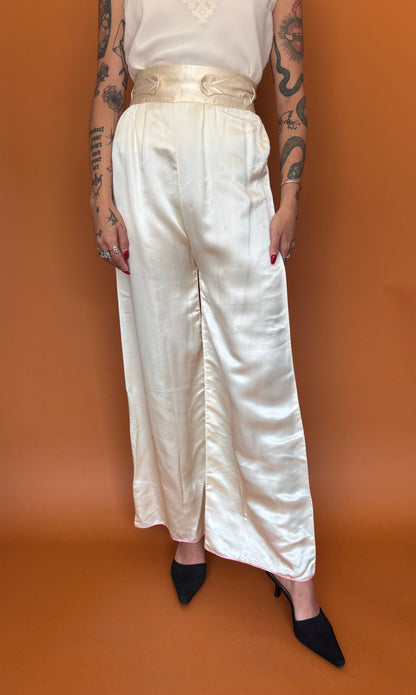 Ivory satin trousers with button waist