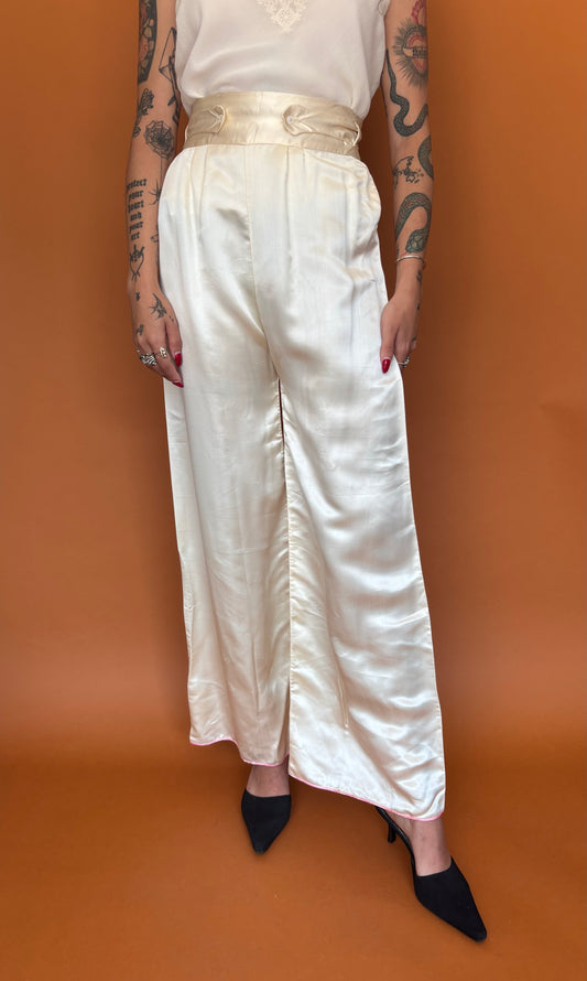 Ivory satin trousers with button waist